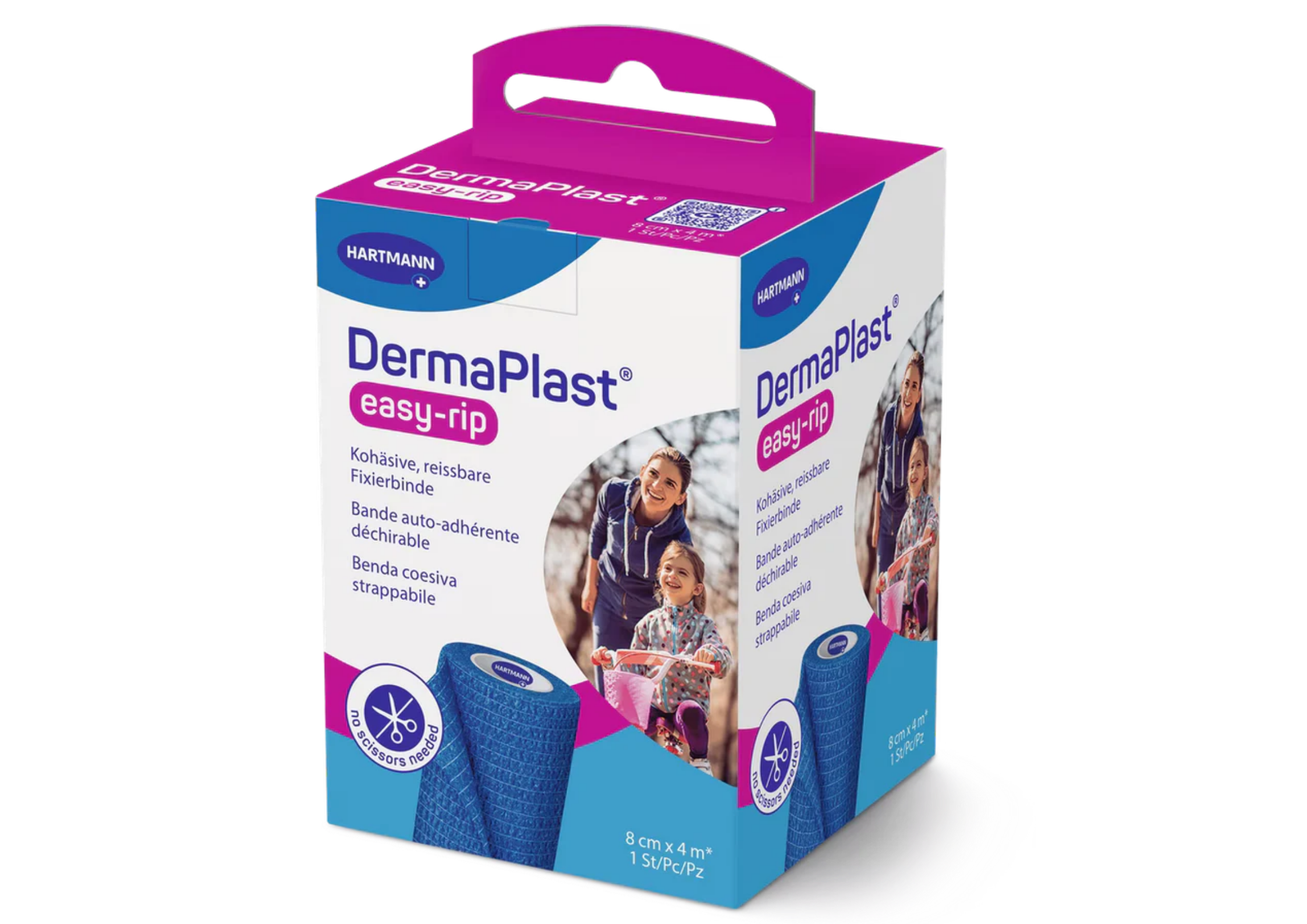 DermaPlast® easy-rip, kohäsive, reissbare Fixier- und Stützbinde blau, 4 m