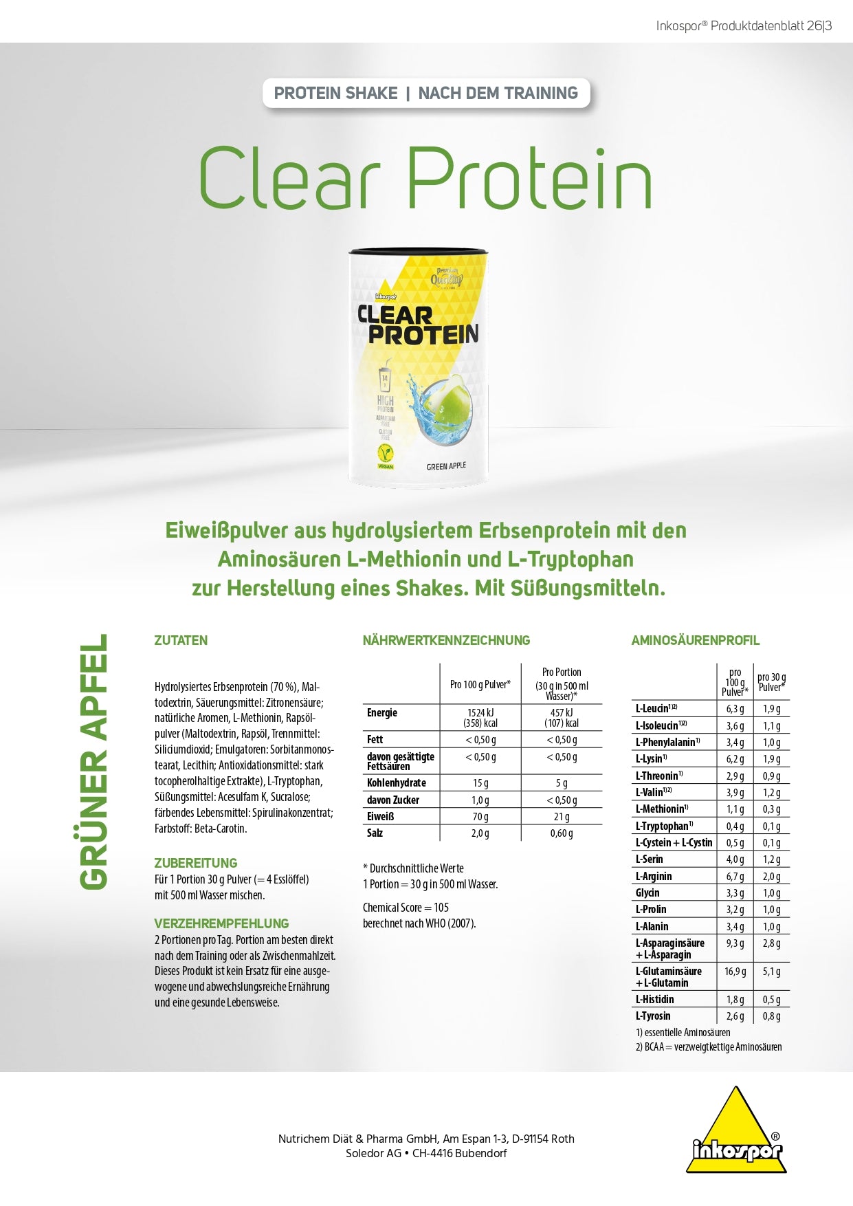 INKOSPOR Clear Protein VEGAN - Green Apple 300g