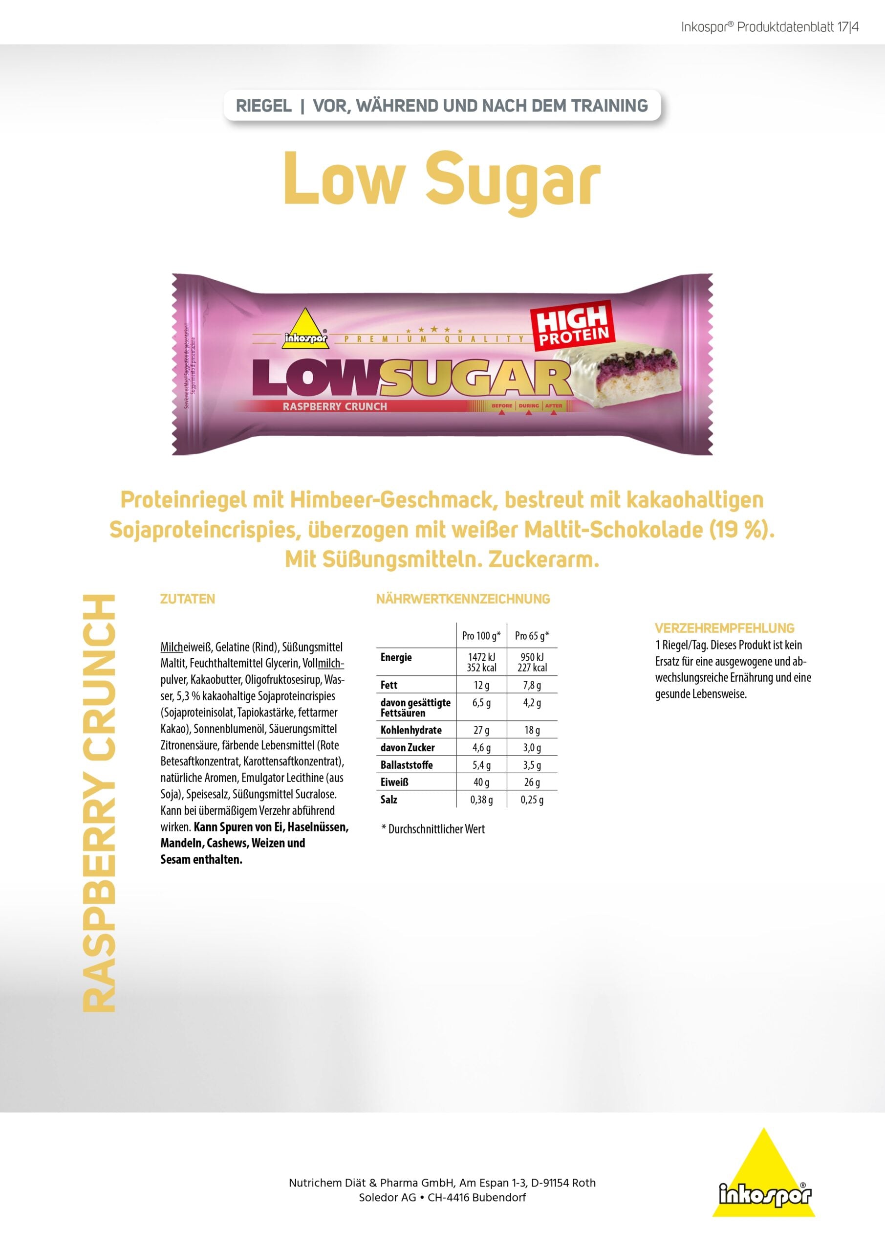 INKOSPOR Low Sugar-Riegel Himbeer-Crunch 24x65g