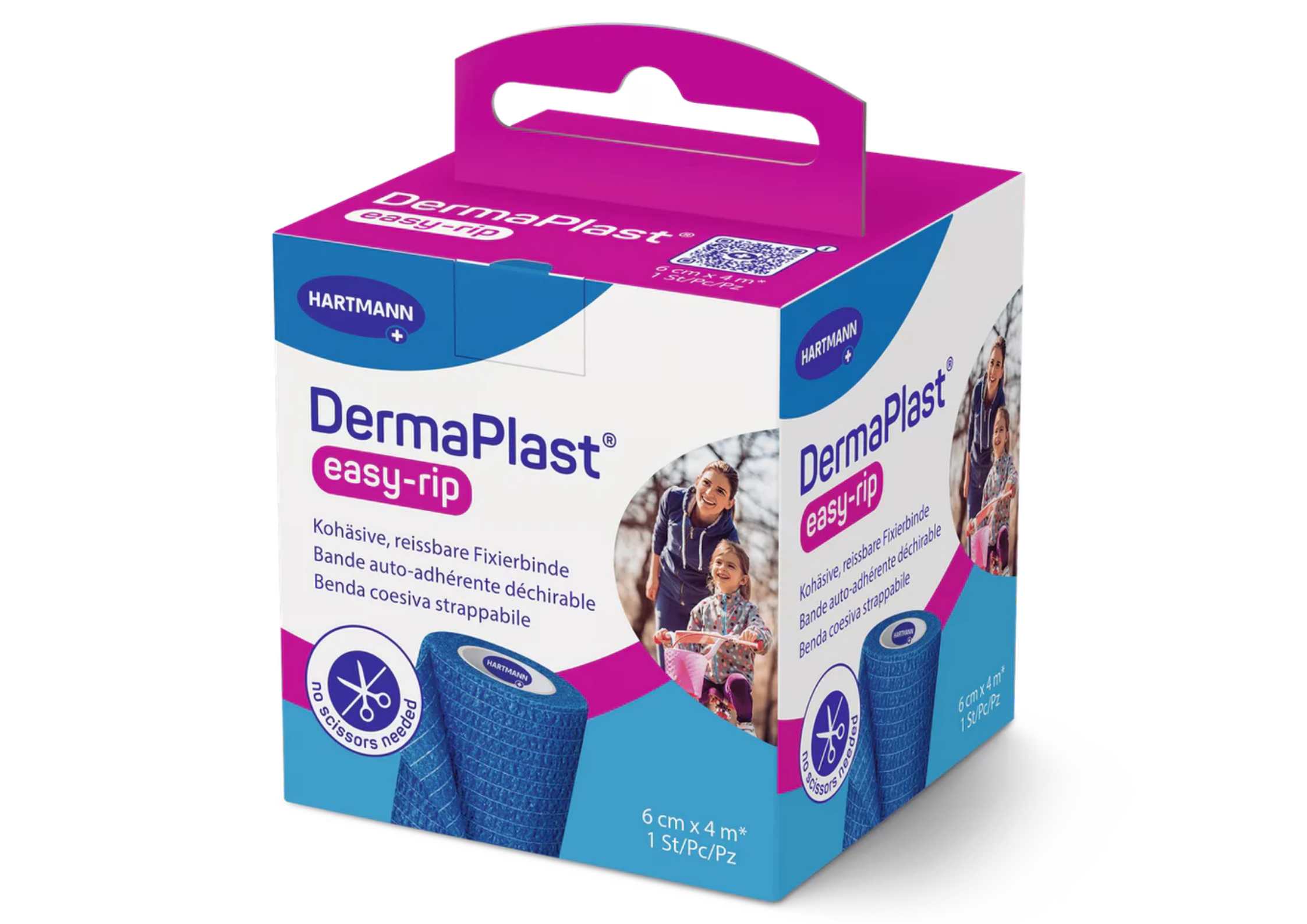 DermaPlast® easy-rip, kohäsive, reissbare Fixier- und Stützbinde blau, 4 m